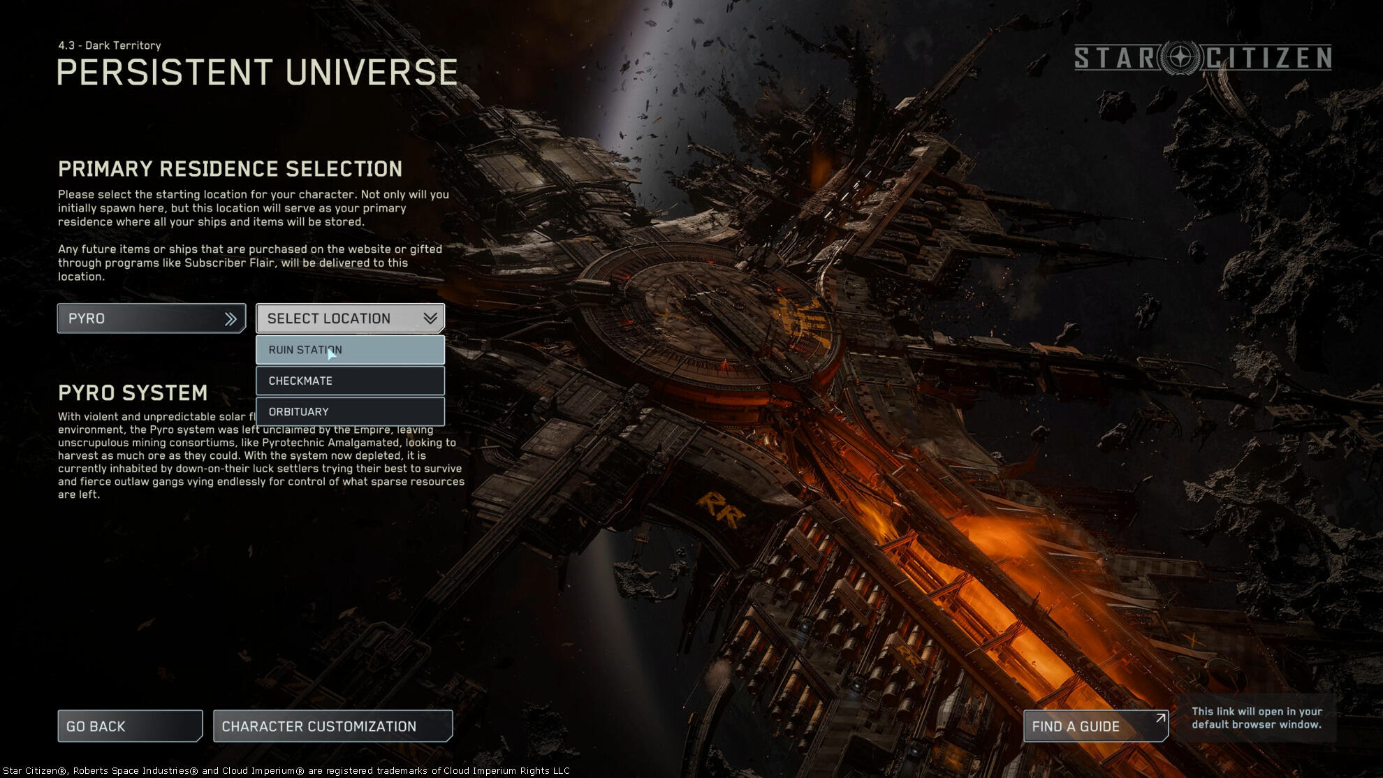 Star Citizen - Star Citizen, Ecran de Choix de la résidence Principale